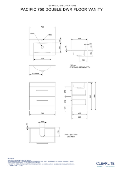 Pacific Double Drawer Floor Standing Vanity - 4 Size & 3 Colour Options
