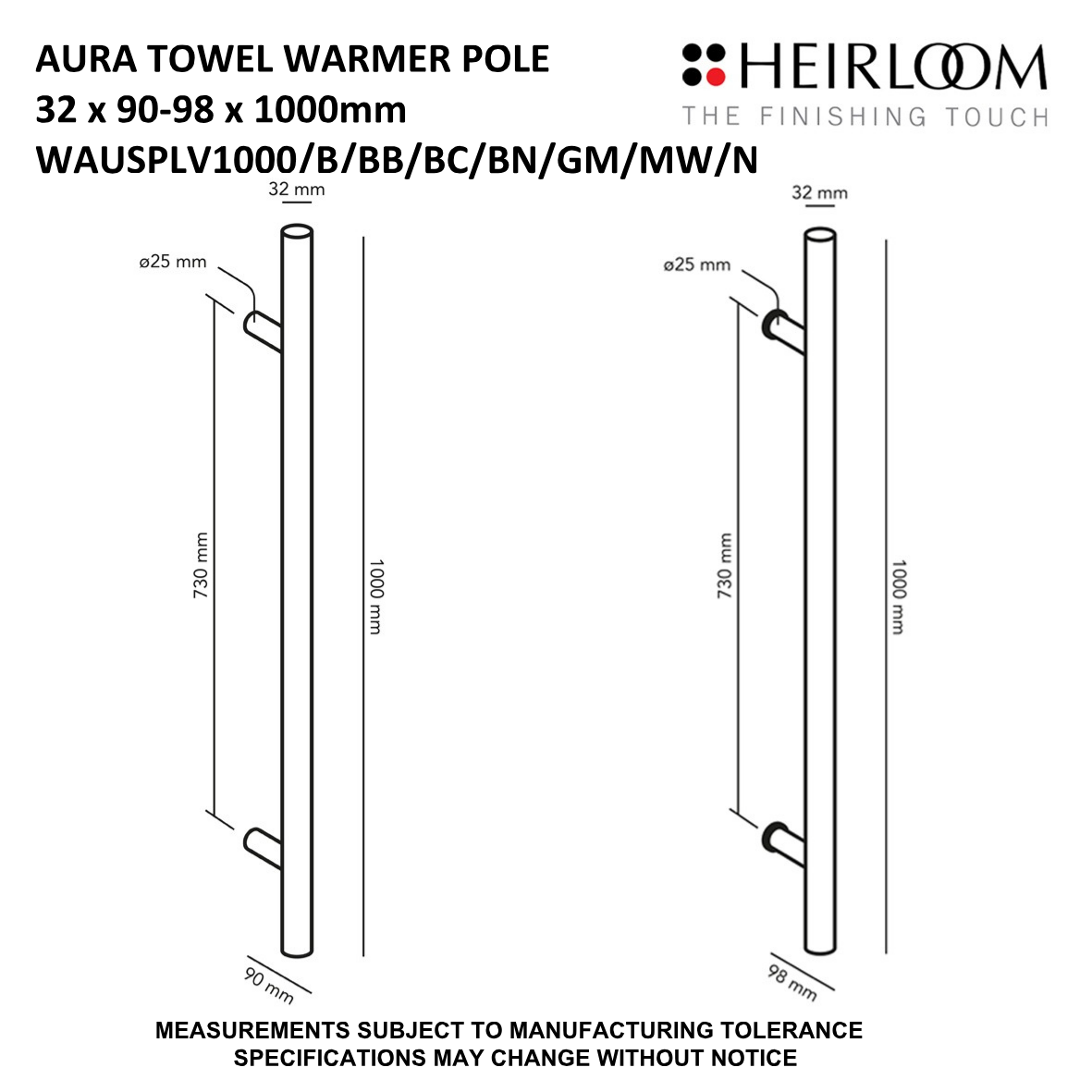 Aura Pole Towel Warmer 1000mm - 8 Colour Options