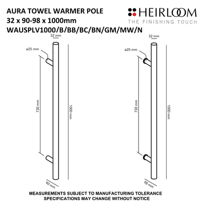 Aura Pole Towel Warmer 1000mm - 8 Colour Options
