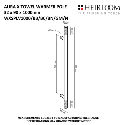 Aura X Pole Towel Warmer 1000mm - 8 Colour Options