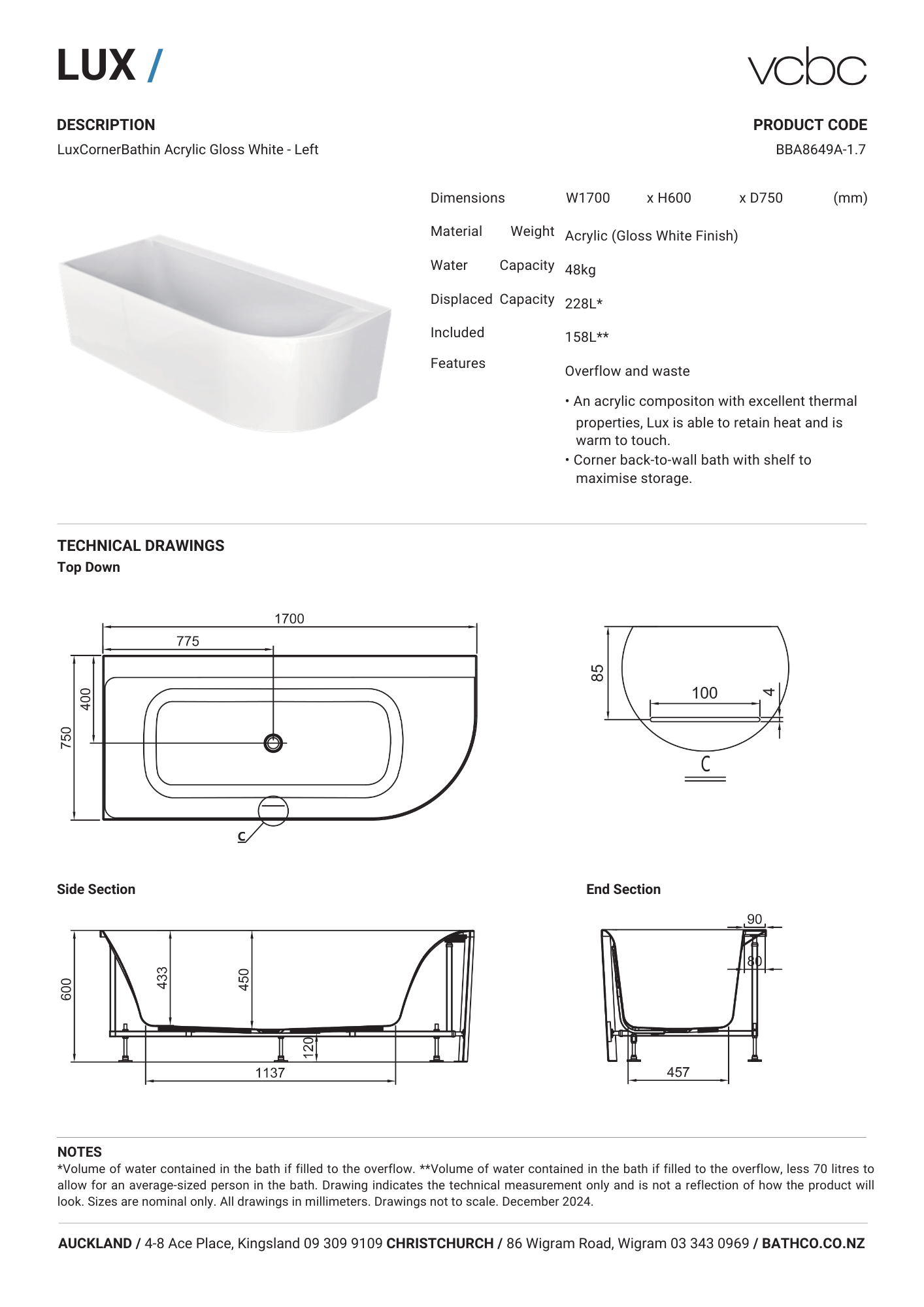 Lux Corner Back To Wall Bath (Left Corner) 1700mm