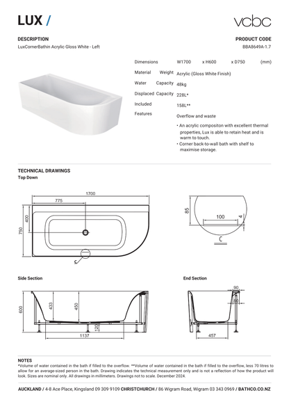 Lux Corner Back To Wall Bath (Left Corner) 1700mm