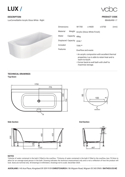 Lux Corner Back To Wall Bath (Right Corner) 1700mm
