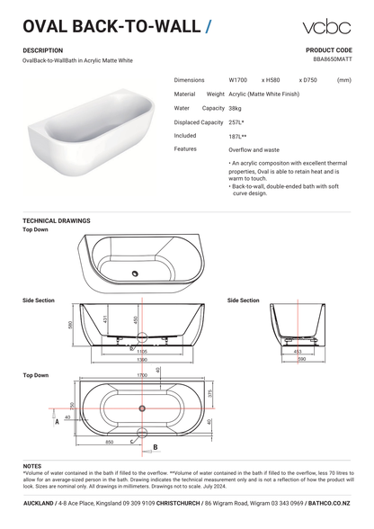 Oval Back To Wall Bath 1700mm - 2 Colour Options