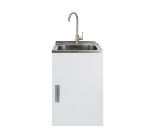 AQUATICA STUDIO LAUNDRY TUB 560MM, DOOR MODEL WITH BRUSHED GOOSENECK MIXER