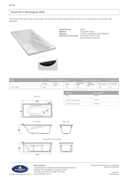 Studio II Rectangular Bath 1670mm x 760mm
