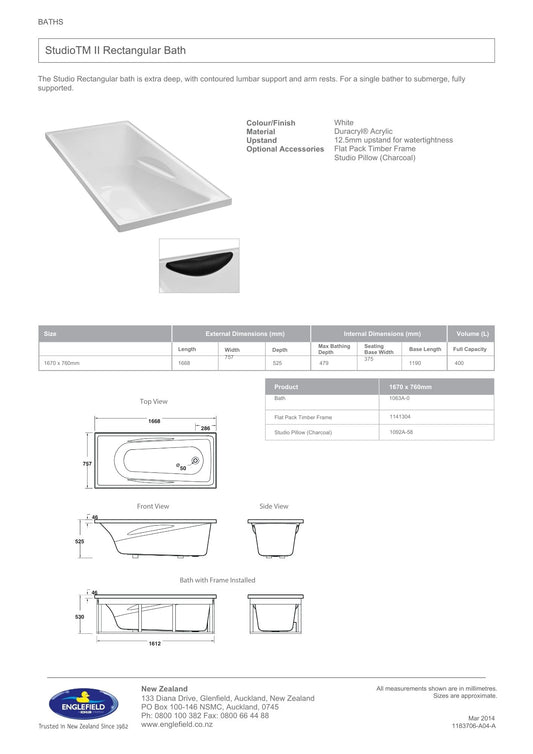 Studio II Rectangular Bath 1670mm x 760mm
