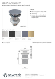 NEWTECH EVOKE CLICKER BASIN WASTE, WITHOUT OVERFLOW - 7 COLOURS