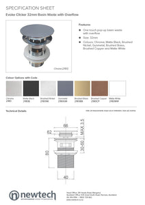 NEWTECH EVOKE CLICKER BASIN WASTE, WITH OVERFLOW - 7 COLOURS