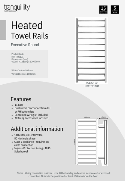 Executive 11 Bar Round Heated Towel Rail - 3 Colour Options