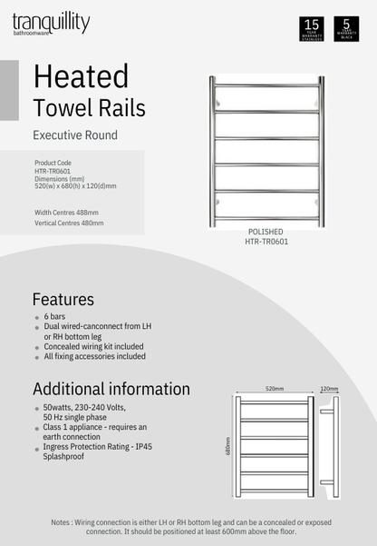 Executive 6 Bar Round Heated Towel Rail (Width: 520mm) - Polished Stainless