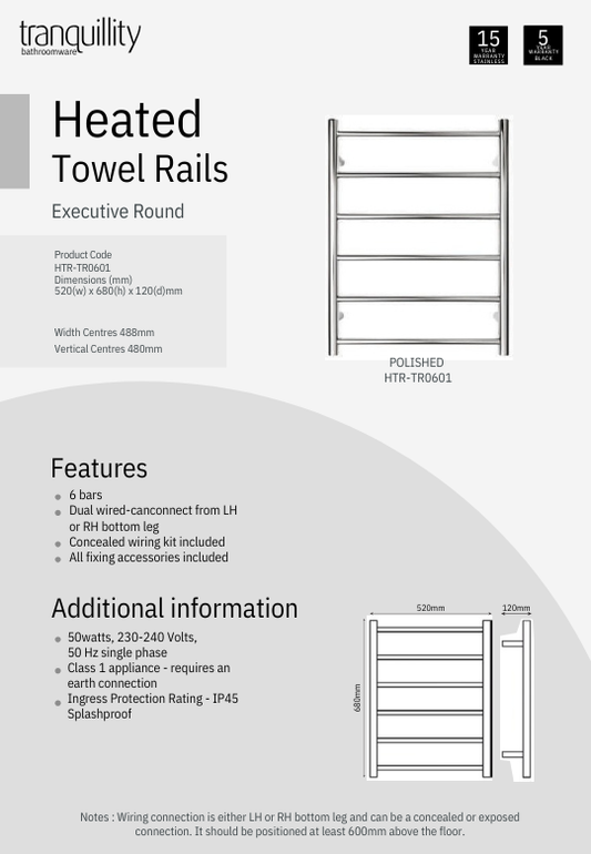 Executive 6 Bar Round Heated Towel Rail (Width: 520mm) - Polished Stainless