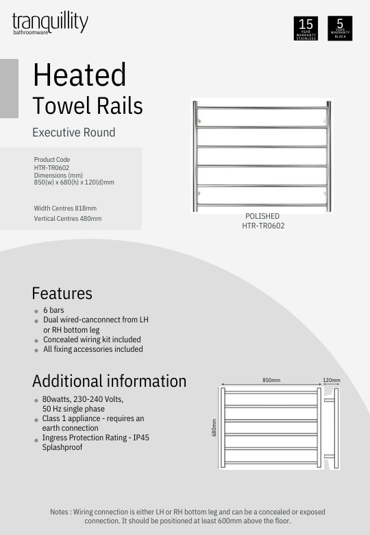 Executive 6 Bar Round Heated Towel Rail (Width: 850mm) - Polished Stainless