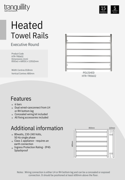 Executive 6 Bar Round Heated Towel Rail (Width: 850mm) - Polished Stainless