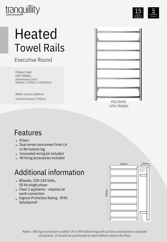 Executive 8 Bar Round Heated Towel Rail - 3 Colour Options