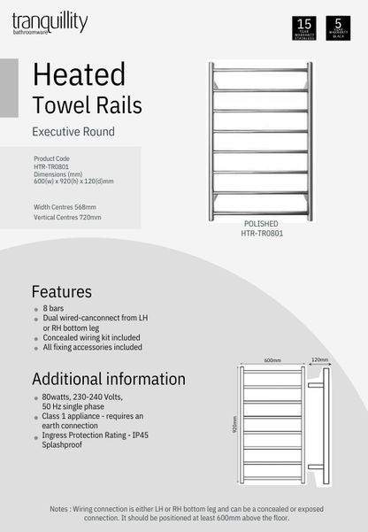 Executive 8 Bar Round Heated Towel Rail - 3 Colour Options