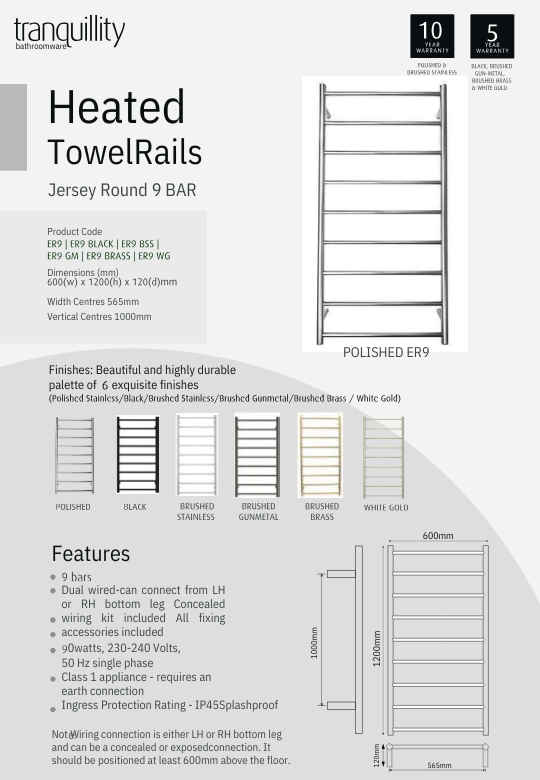 Jersey Round Heated Towel Rail - 3 Sizes / 6 Colour Options