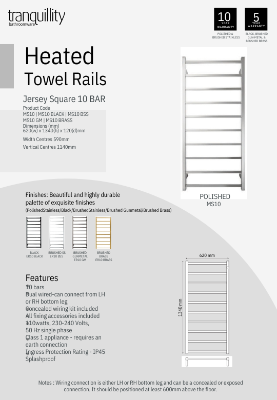 Jersey Square Heated Towel Rail - 3 Sizes / 5 Colour Options