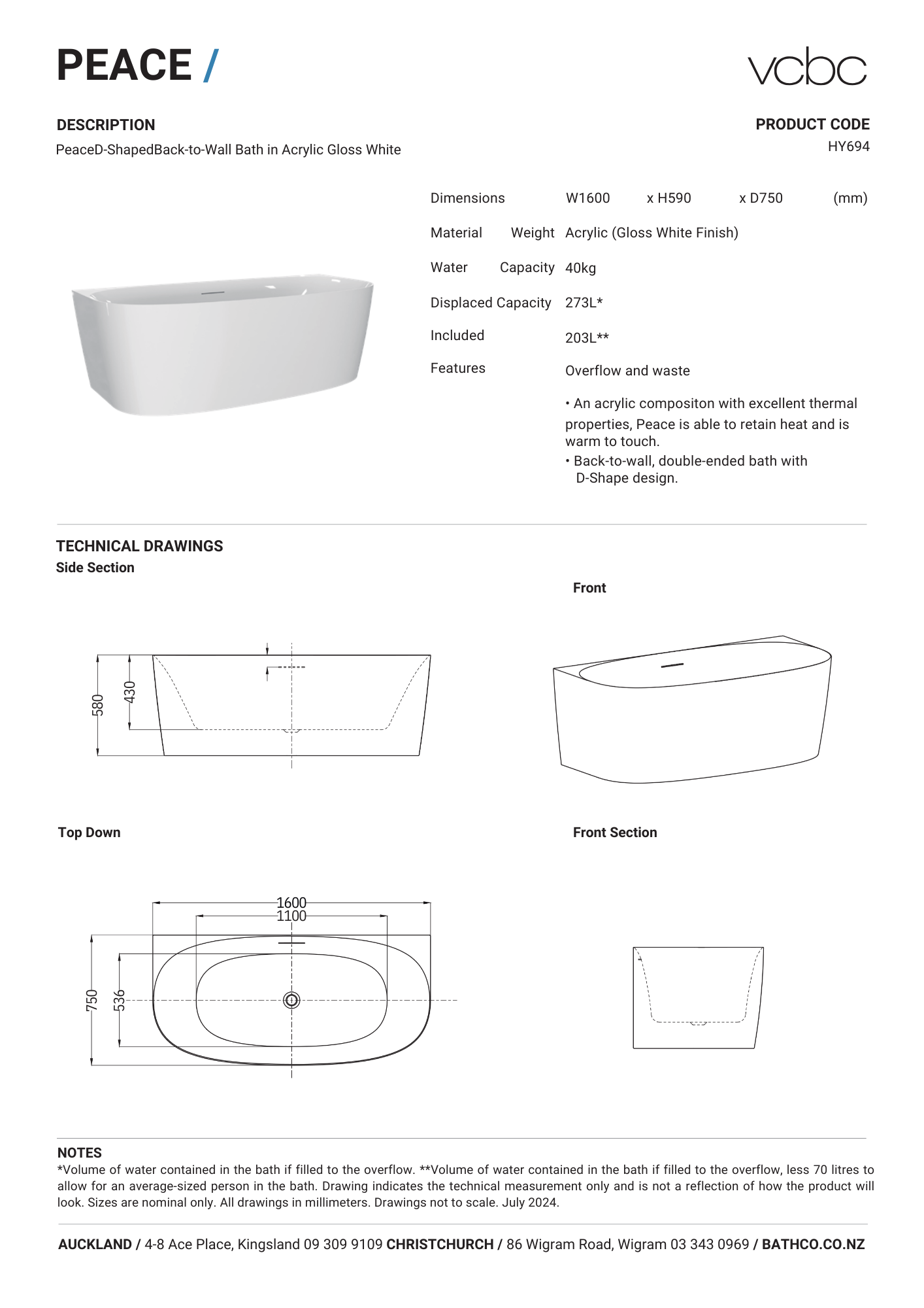 Peace D Shaped Back To Wall Bath 1600mm - 2 Colour Options