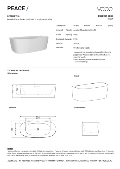Peace D Shaped Back To Wall Bath 1600mm - 2 Colour Options
