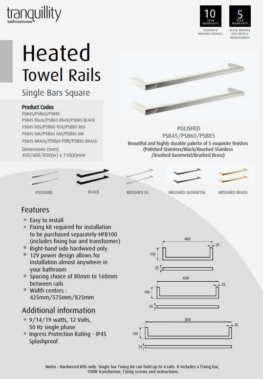 Square Single Heated Bar - 3 Sizes / 5 Colour Options