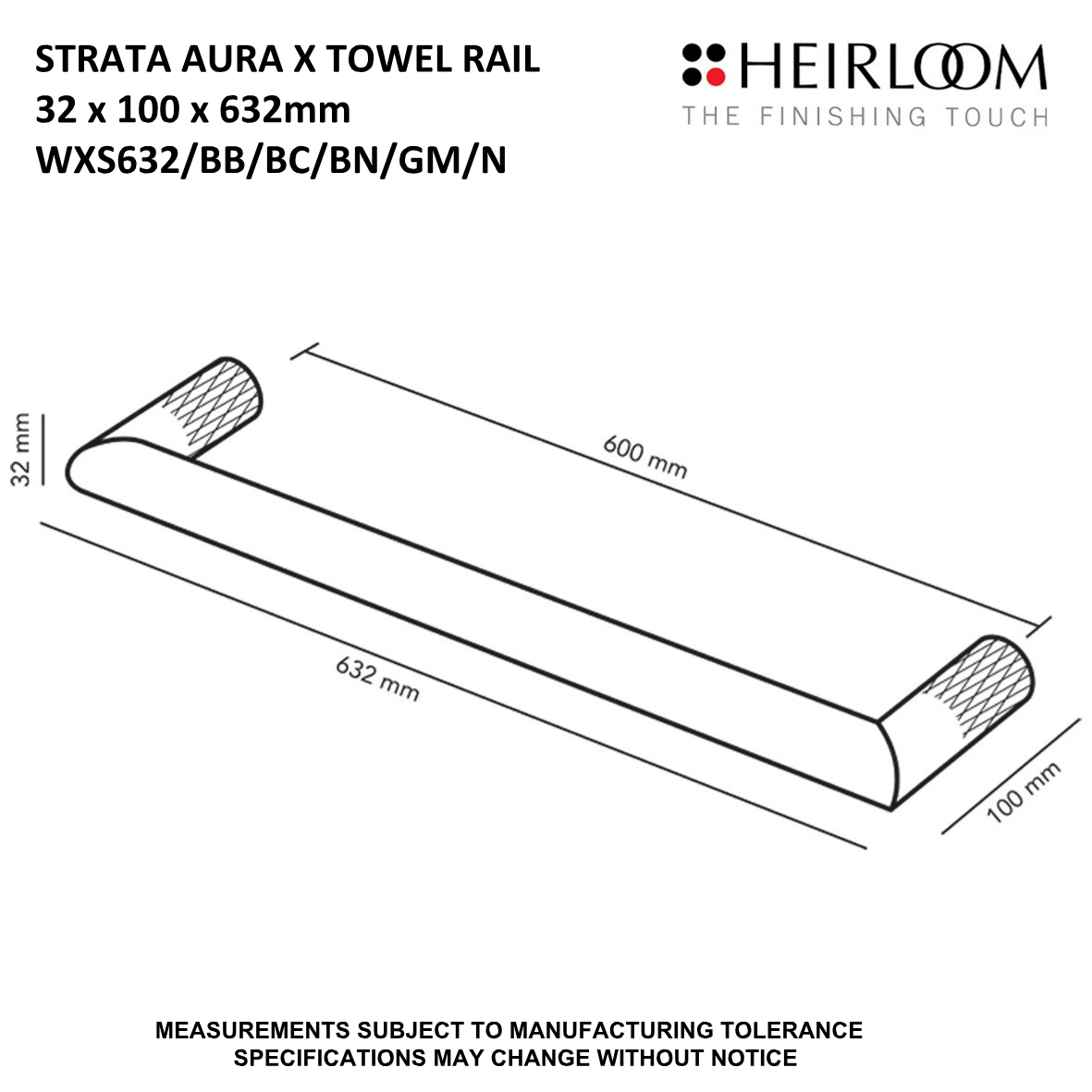 Strata Aura X Single Bar Towel Warmer 632mm - 8 Colour Options