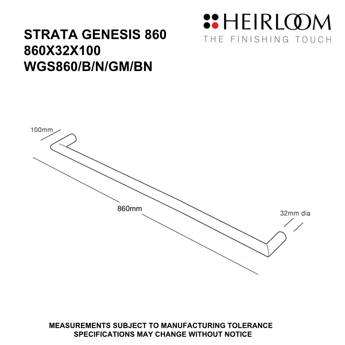 Strata Genesis Single Bar Towel Warmer 860mm - 5 Colour Options