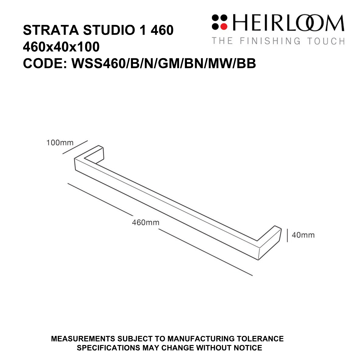 Strata Studio 1 Single Bar Towel Warmer 460mm - 7 Colour Options