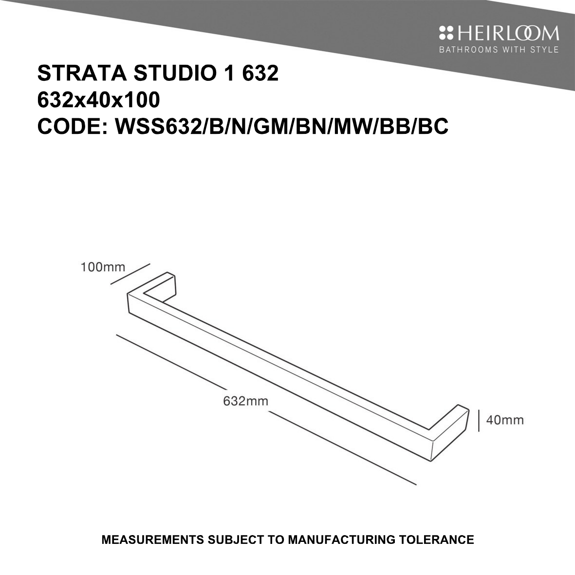 Strata Studio 1 Single Bar Towel Warmer 632mm - 8 Colour Options