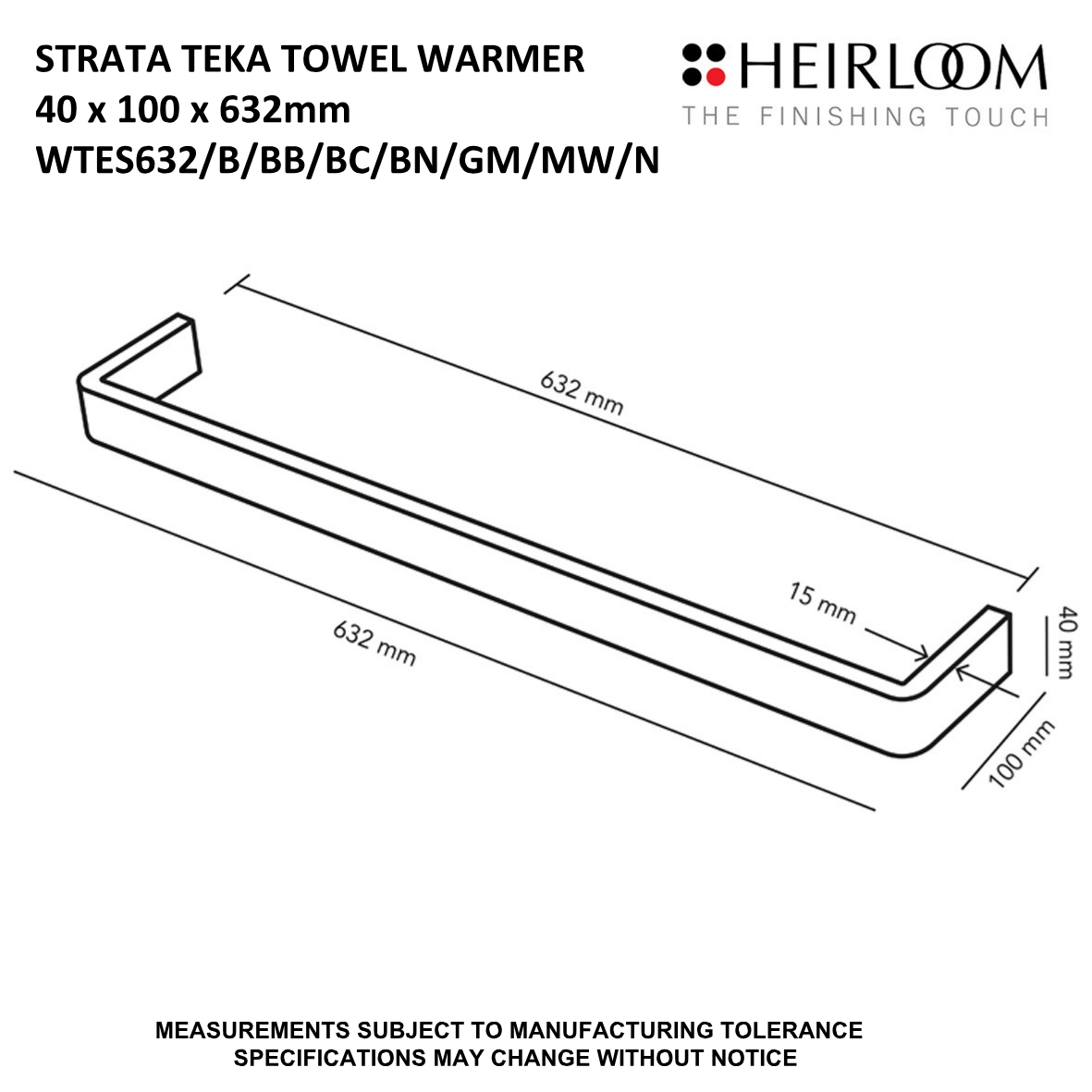 Strata Teka Single Bar Towel Warmer 632mm - 8 Colour Options