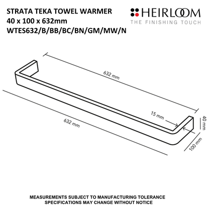 Strata Teka Single Bar Towel Warmer 632mm - 8 Colour Options