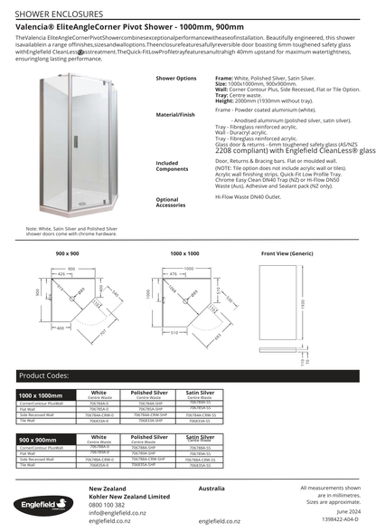 Valencia Elite Angle Corner Shower 900mm x 900mm - Metallic