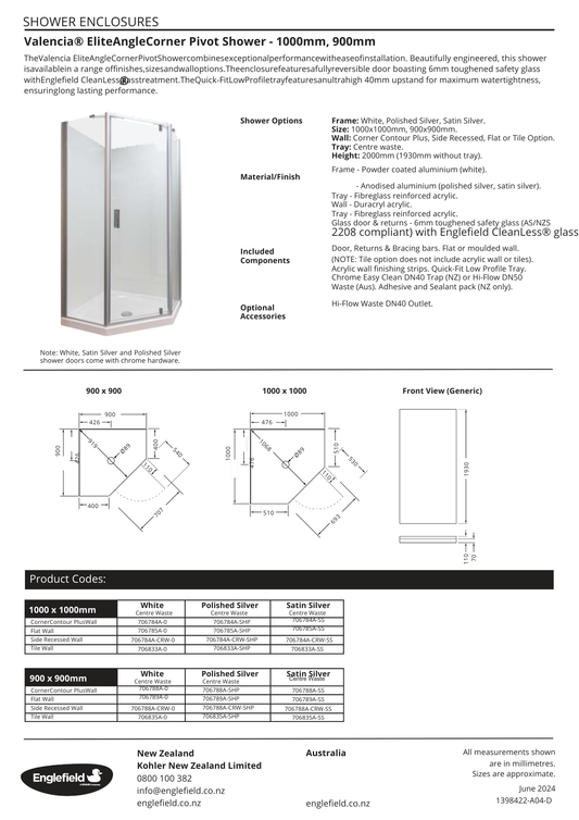 Valencia Elite Angle Corner Tiled Shower 1000mm x 1000mm - Satin Silver