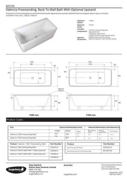 Englefield Valencia Freestanding Back to Wall Bath 1700mm x 800mm
